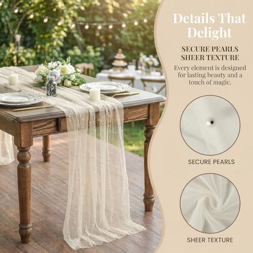 Beige Gauze Table Runner 120 Inch, Sheer Boho Rustic Cheesecloth