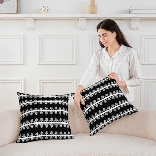 jejeloiu Black White Leaves Stripes Throw Pillow Covers Set of 2
