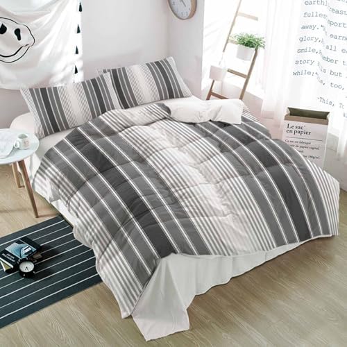 Duvet Cover Set Queen, Abstract Grey Gradient Stripe 3 Piece Bedding