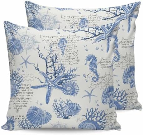 Blue Coastal Decorative Throw Pillow Cover Pack of 2, Coral Starfish