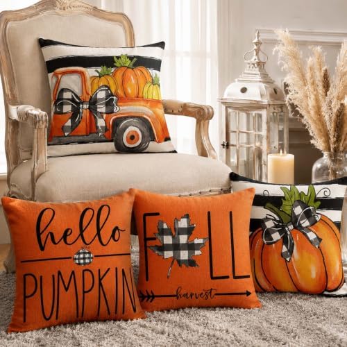 Fall Throw Pillow Covers for Home Strip Pumpkin Pillowcase 18x18 Set