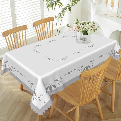 60x120inches White Grey Rectangle Tablecloth Minimalism Grey Leaves