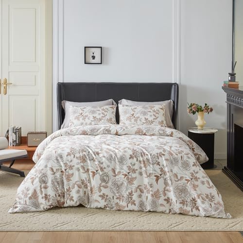 YuHeGuoJi Taupe Floral Duvet Cover Queen 100% Egyptian Cotton 3 Pcs