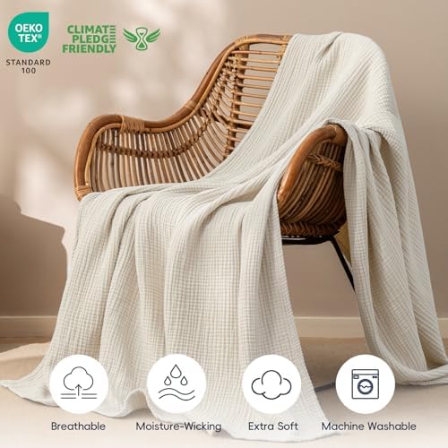 PHF 100% Cotton Muslin Blanket for Adults, Throw XL 50"x70", Oat Milk