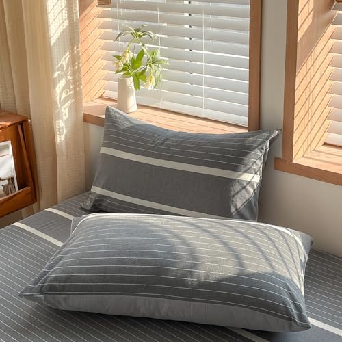 Modern Grey White Striped Duvet Cover Set TwinXL Size 3 Pieces Washed