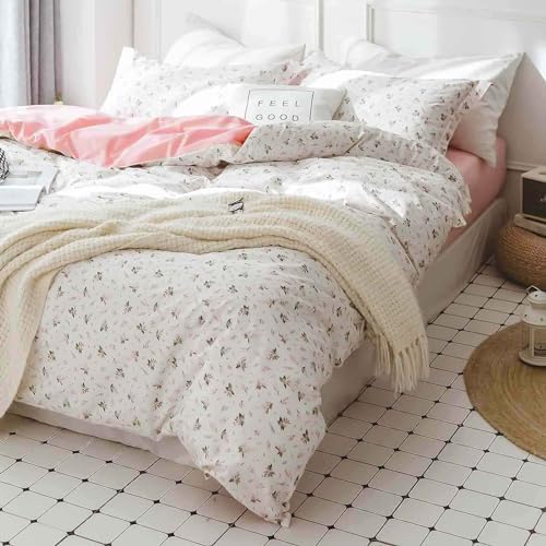 Pink Floral Duvet Cover Queen Size, 3 Piece White Flower Botanical