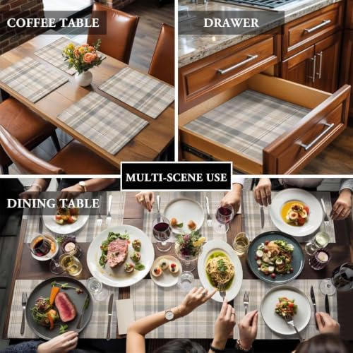 Gray Cream Plaid Placemats Set of 8, Cotton Linen Fabric Place Mats