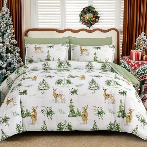 Luxudecor Christmas Duvet Cover Set King Size 3 Pieces,White Christmas