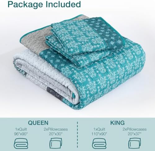 WONGS BEDDING Teal Blue Queen Size Quilt Set, Boho Striped Bedspread