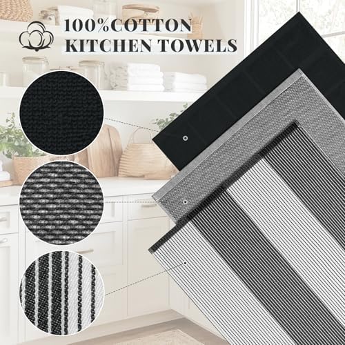Homaxy 6 Pack Cotton Terry Premium Kitchen Towels, 18 x 28 in, Black