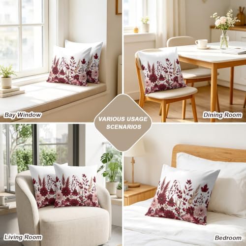 Pillow Covers 18x18 Set of 2, Dark Red Floral Square Throw Pillow