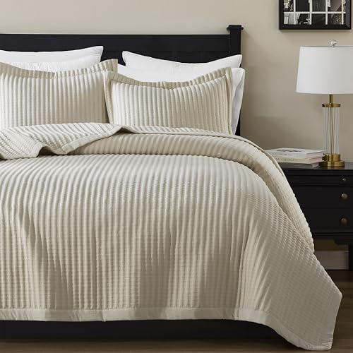 WDCOZY Beige King Size Quilt Set, Striped Pick Stitch Bedspread