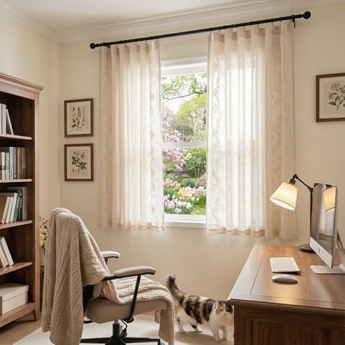 jinchan Floral Linen Curtains, Back Tab 50x63 Inch, 2 Panels Ivory