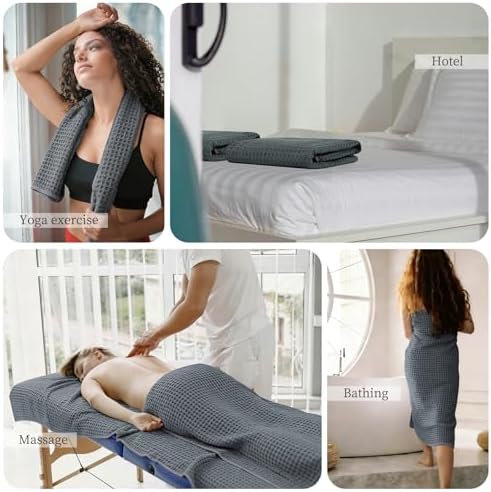 16 Piece Thick Dark Grey Waffle Bath Towel Set, 100% Cotton