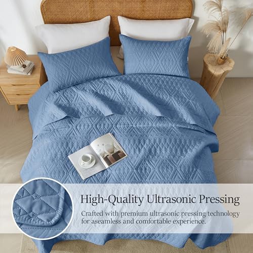 akkialla Full/Queen Quilt Set, Boho Style in a Solid Color, Bluish
