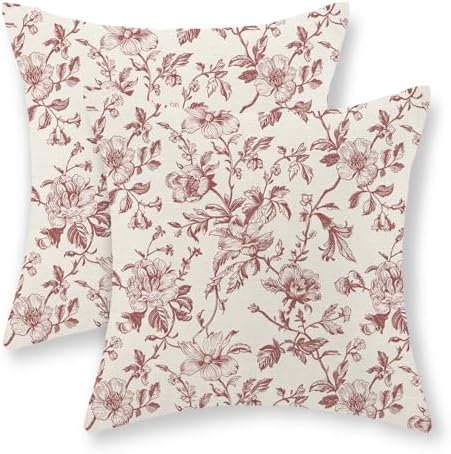Burgundy Red Floral Pillow Covers 18x18 Set of 2 Chinoiserie Floral