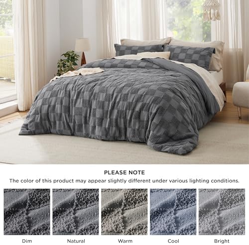 Bedsure Dark Grey Comforters Queen Set, Boho Soft Plaid Bedding Set