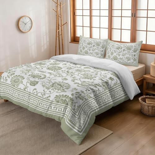 3 Pieces Bedding Set Queen Size, Sage Green Floral Soft Duvet Covers