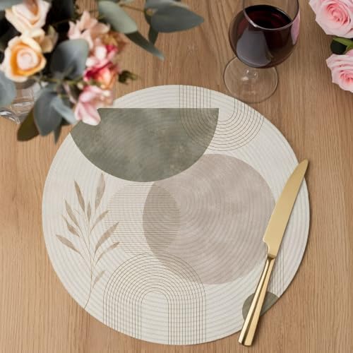 Abstract Round Braided Placemats Set of 8, Minimalist Boho Beige Green