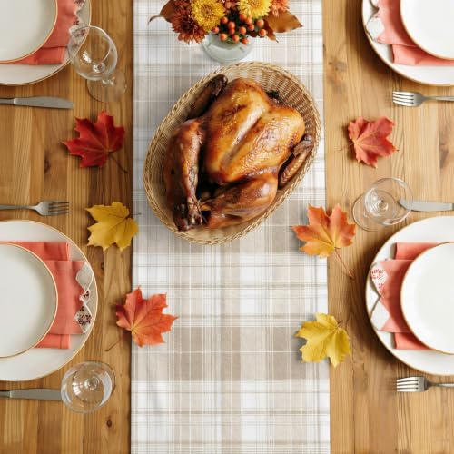 Khaki Plaid Table Runner Brown Tan White Rustic Chic Country Farmhouse