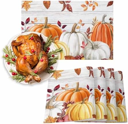 Placemats Set of 8, Thanksgiving Pumpkin Autumn Maple Leaf Washable