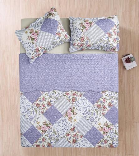Brilliant Sunshine Rose Violet Patchwork Quilt Set, Full/Queen Size