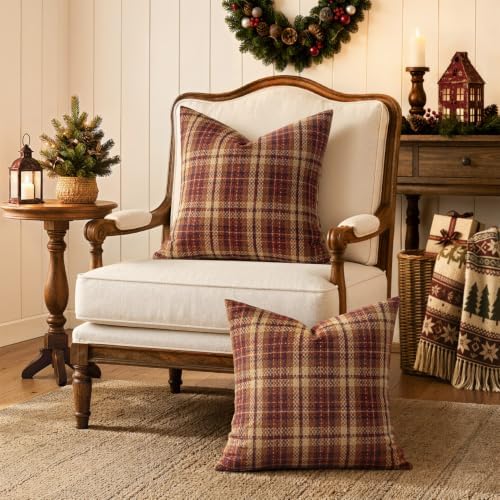 MIULEE Tartan Plaid Throw Pillow Covers Fall 20x20 Inch Reddish Brown