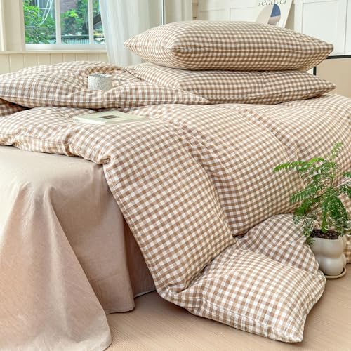 LifeTB Tan Gingham Duvet Cover Full 100% Washed Cotton Beige Taupe