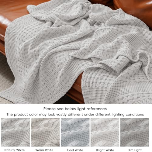 PHF Lightweight 100% Cotton Waffle Throw Blanket for Couch, Light Grey
