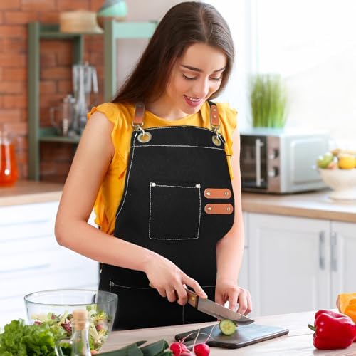 Cooking Apron Black 12 Oz Cotton Chef Apron with Adjustable Straps for