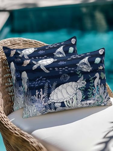 Throw Pillows 12x20 Set of 2, Navy Blue Turtle Coastal Waterproof
