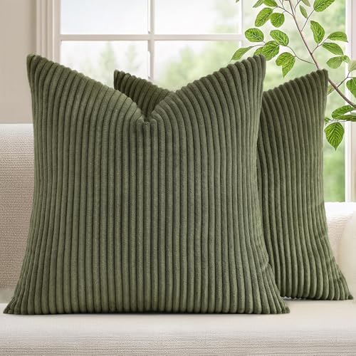 Mecatny Corduroy Fall Throw Pillow Covers 22x22 Set of 2 Olive Green
