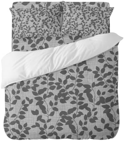 4 Pieces Duvet Cover Set King – Gray Leaves Branch Soft Microfiber