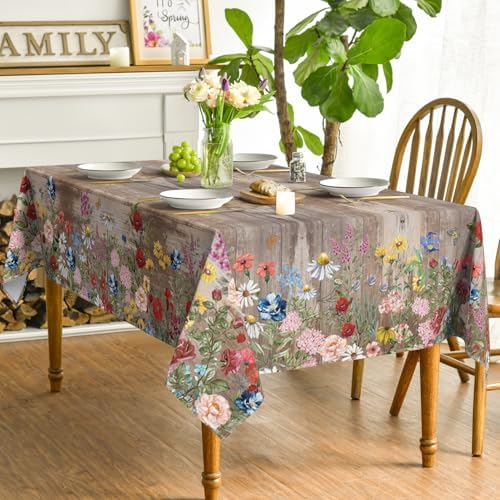 Horaldaily Spring Tablecloth 60 x 60 Inch Square Flowers Brown Wood