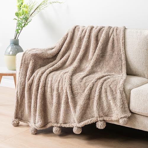 PAVILIA Soft Sherpa Twin Blanket with Pom Pom for Couch Bed, Taupe