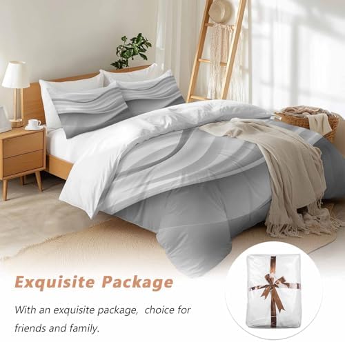 Gray Striped Bed Duvet Cover Queen Size Bedding Set, 3 Pieces Washed