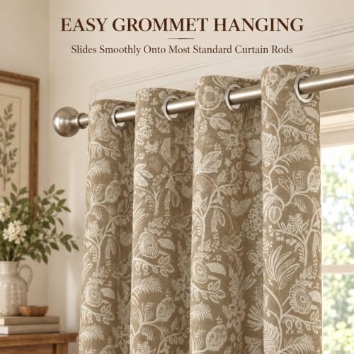 VOGOL Linen Textured Floral Grommet Curtains, W52 x L84, 2 Panels