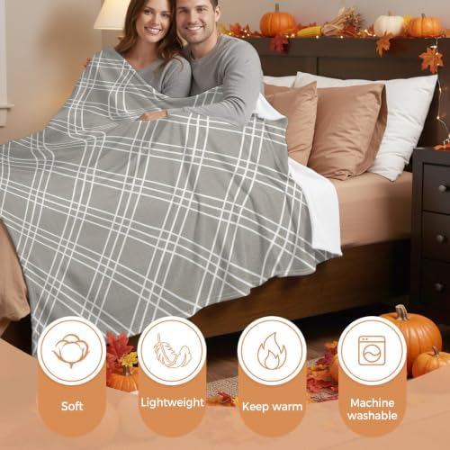 Flannel Fleece Blanket 60" x 80", Grey Tartan Microfiber Cozy Soft