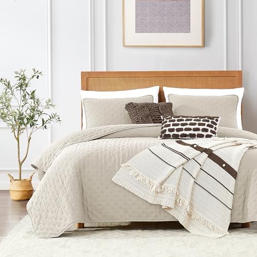 ROARINGWILD Beige King Size Quilt Bedding Set with 2 Pillow Shams