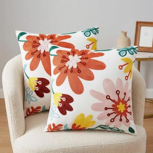 White Red Floral Embroidered Pillow Covers 18x18 inch Set of 2