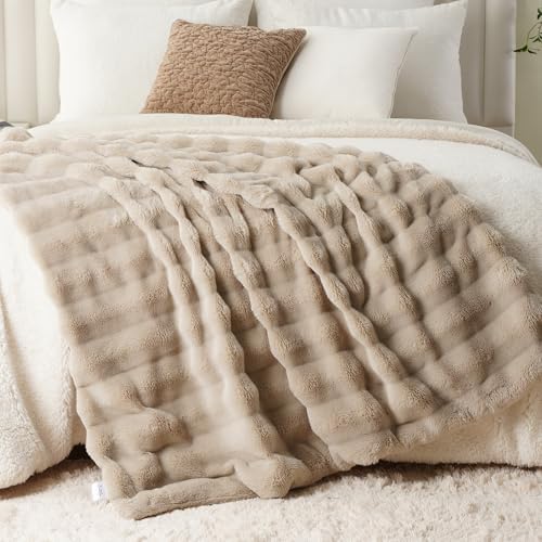 Battilo Tan Throw Blanket for Couch, Beige Fur Blanket, 50"x60"