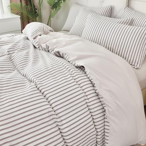 King Grey Duvet Cover Striped Washed Microfiber Jacquard 3 Pieces