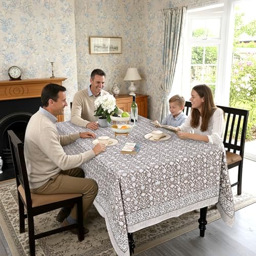 Ridhi Taupe Hand Block Print Rectangle Tablecloth 108x70 Inch