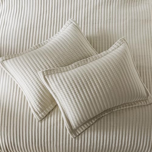 WDCOZY Beige King Size Quilt Set, Striped Pick Stitch Bedspread