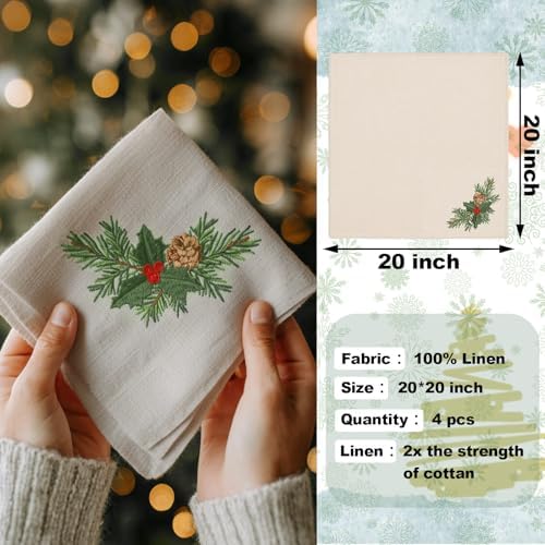 Newwiee Christmas Linen Napkin Set of 4 100% Linen Cloth 20 Inch