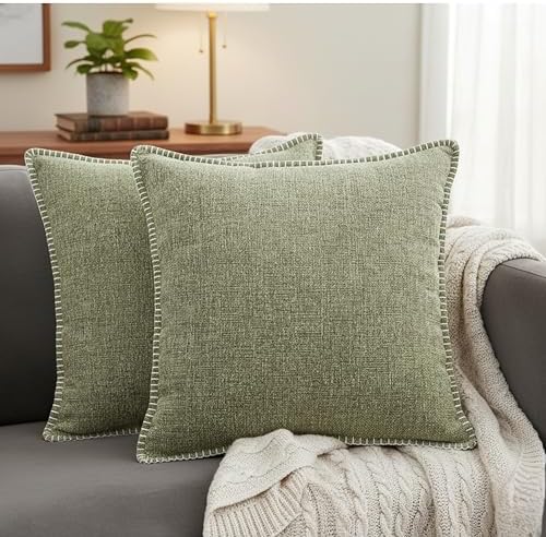 22x22 Pillow Cover Set of 2 Olive Green Soft Textured Chenille Comfy
