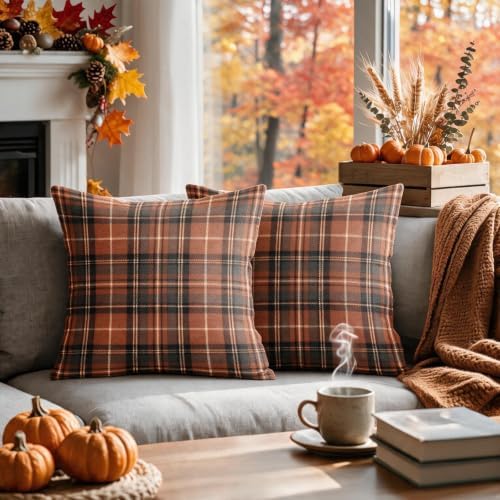 Plaid Fall Throw Pillow Covers 18x18 Set of 2 Burnt Orange Grey Tartan