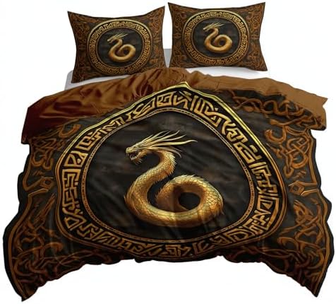 King Duvet Cover Set Viking Runes Dragon Soft Microfiber Reversible