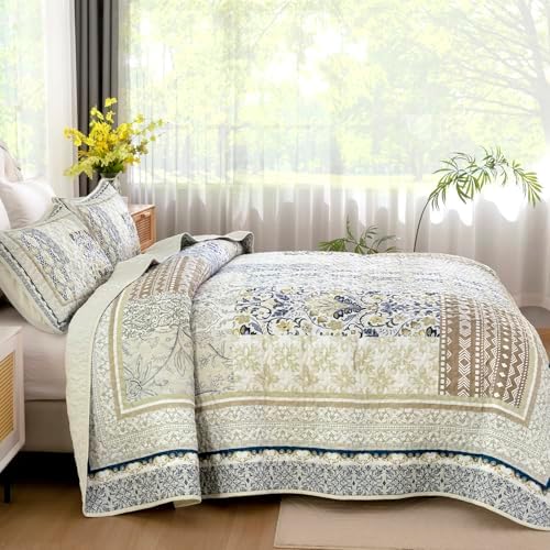 WONGS BEDDING Boho Quilt Set Queen, 3 Pcs Beige Patchwork Bedspread