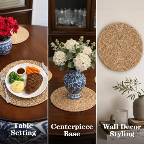 13 Inch Round Woven Placemats Set of 8, Natural Rush Rattan Wicker